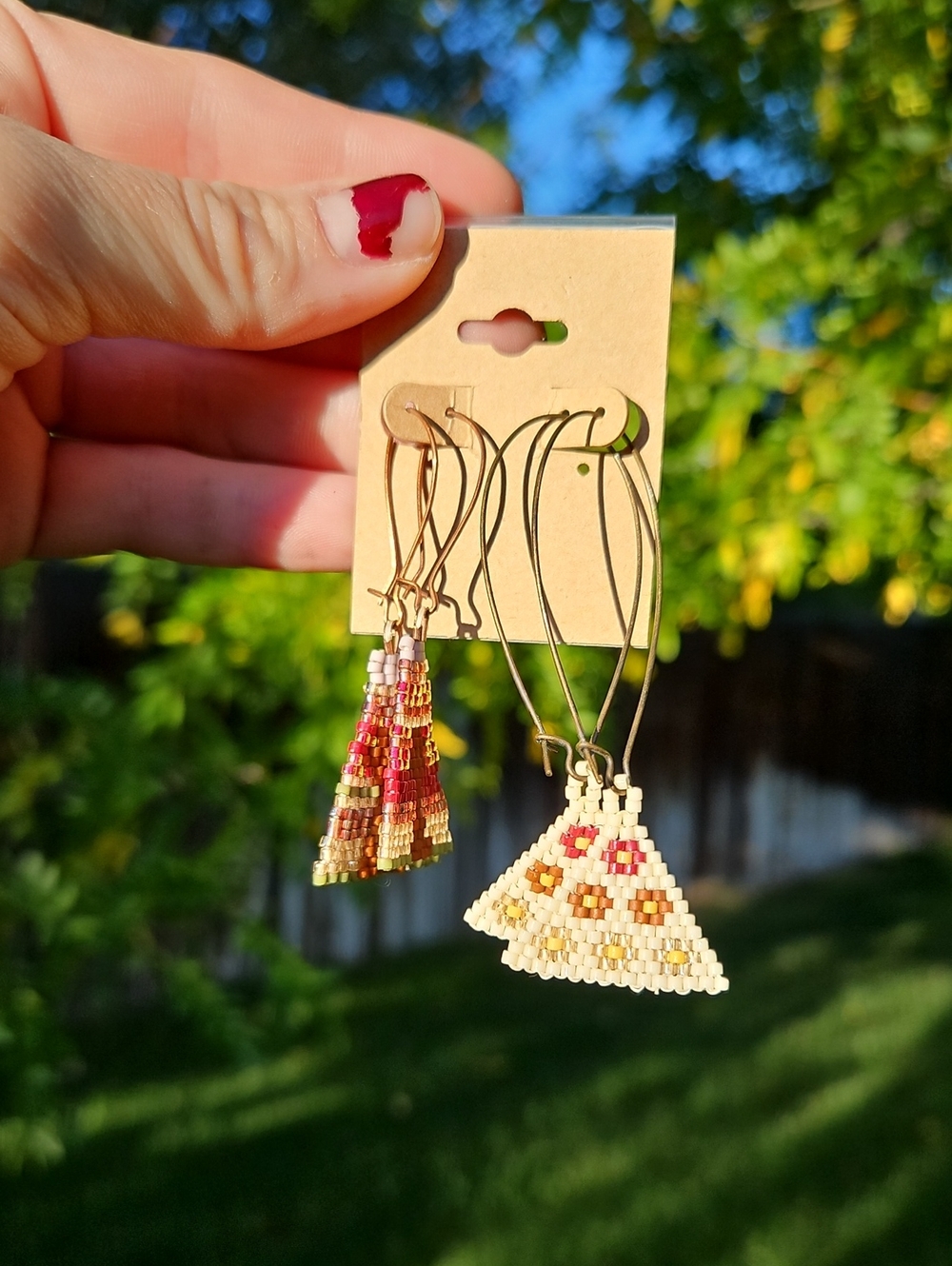 Set Of Seed Bead Dangle Earrings - Triangle - Handmade - Boho - Granola - Nature